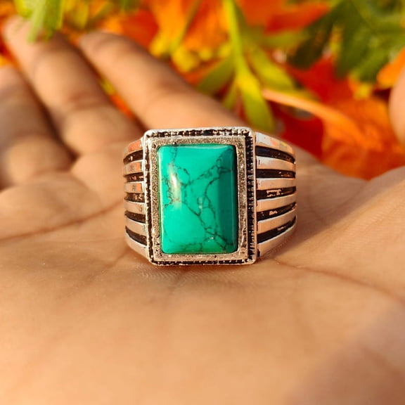 TRIDHA SILVER- Turquoise Ring Men - Handmade 925 Sterling Silver Rectangle Gemstone Ring With Oxidized Band, Unique Boho Statement Jewelry Gift For Him