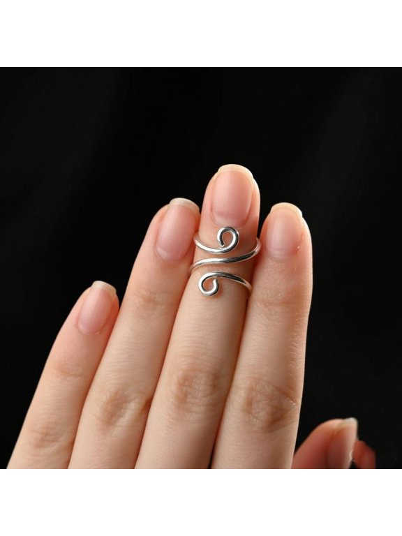 - adjustable silver ring, open s-curve swan neck band, polished minimalist modern jewelry for layering and everyday wear
