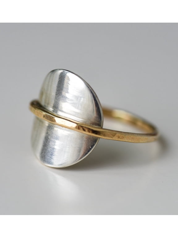 - saturn space ring, handmade silver ring with hand-hammered band and gold filled orbit accent for stacking