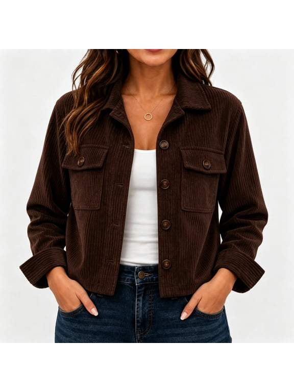 Women's Cropped Corduroy Shirt Jacket, Lightweight Polyester Button-Down Shacket with Long Sleeves, Collar and Flap Pockets