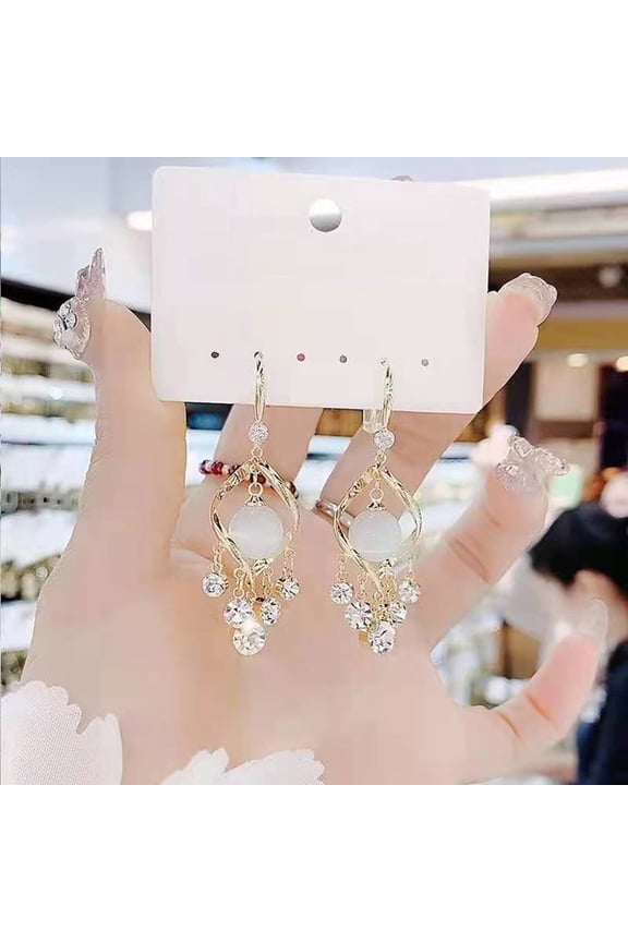 TRIHIY Rhinestone Powder White Cat's Eye Stone Pendant Earrings Temperament Net