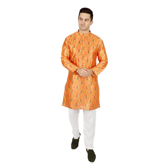 TRILOKI Flower Men Art Silk Printed Kurta Pajama Set Ethnic Indian Traditional Wear Ethnic Diwali Puja