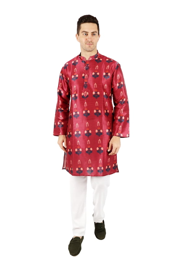 Flower Men Satin Printed Kurta Pajama Set Ethnic Indian Traditional Wear Ethnic Diwali Puja