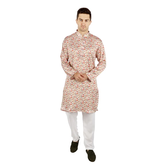 TRILOKI Flower Men Satin Printed Kurta Pajama Set Ethnic Indian Traditional Wear Ethnic Diwali Puja