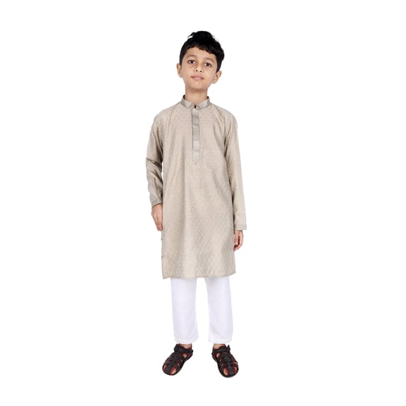 TRILOKI Kids Kurta Set for Boys Jacquard Light Grey Rayon Indian Traditional Ethnic Wear