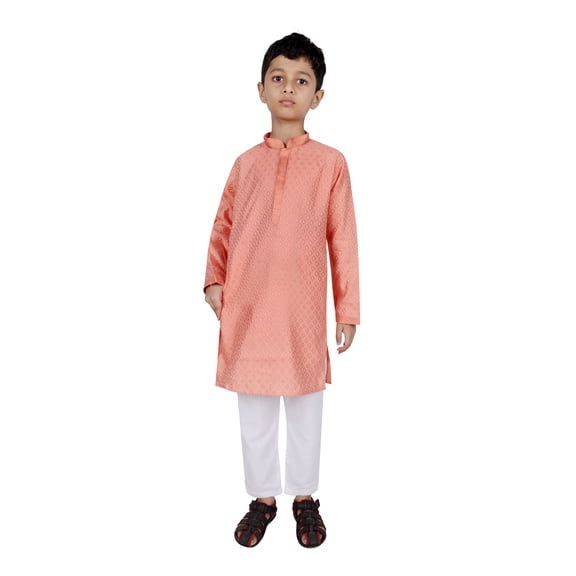 TRILOKI Kids Kurta Set for Boys Jacquard Peach Rayon Indian Traditional Ethnic Wear