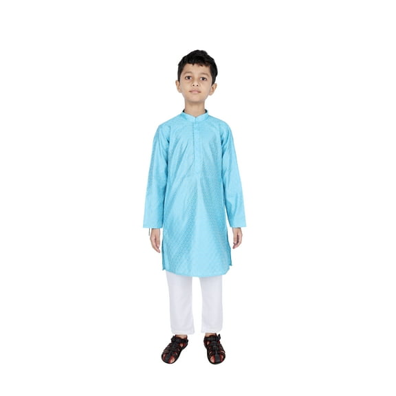 TRILOKI Kids Kurta Set for Boys Jacquard Turquoise Rayon Indian Traditional Ethnic Wear