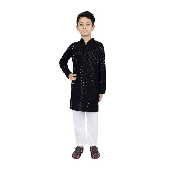TRILOKI Kids Kurta Set for Boys Sequined Embroidery Black Rayon Indian Traditional Ethnic Wear