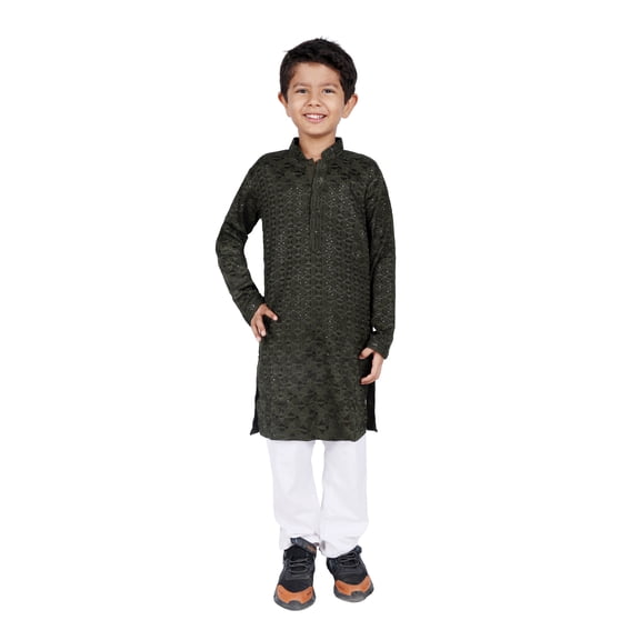 TRILOKI Kids Kurta Set for Boys Sequined Embroidery Dark Olive Green Rayon Indian Traditional Ethnic Wear