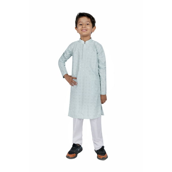 TRILOKI Kids Kurta Set for Boys Sequined Embroidery Light Blue Rayon Indian Traditional Ethnic Wear