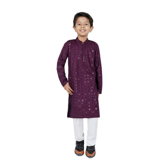 TRILOKI Kids Kurta Set for Boys Sequined Embroidery Wine Rayon Indian Traditional Ethnic Wear