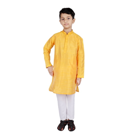 TRILOKI Kids Kurta Set for Boys Yellow Art Silk Indian Traditional Ethnic Wear