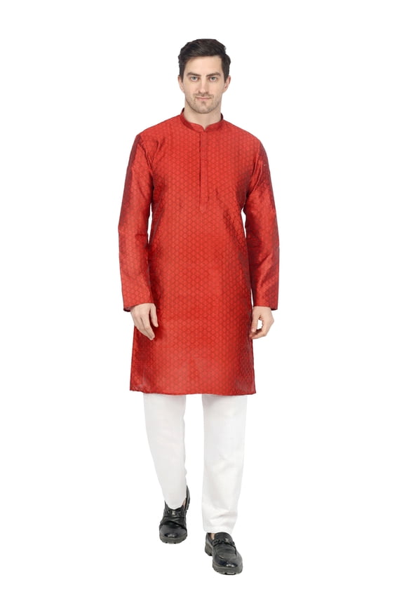 Men Kurta Set Jacquard Red Kurta Pajama Set Ethnic Indian Traditional Wear
