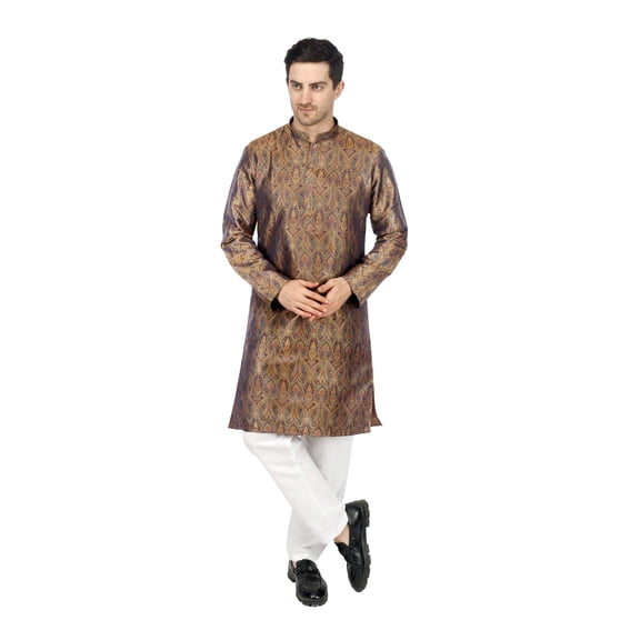 TRILOKI Men Kurta Set Pure Katan Silk Tanchui Brocade Brown Ethnic Indian Traditional Wear