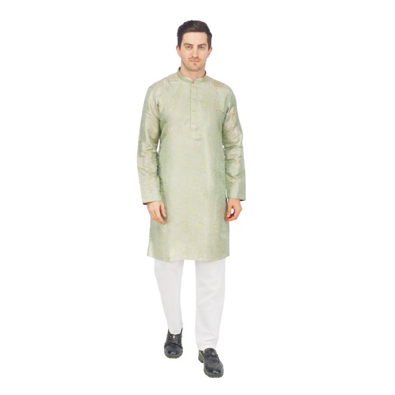 TRILOKI Men Kurta Set Pure Katan Silk Tanchui Brocade Mint Green Ethnic Indian Traditional Wear