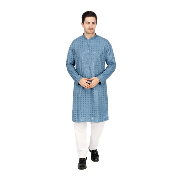 TRILOKI Mens Blue Embroidered Sequined Kurta Pajama Set Rayon Ethnic Indian Traditional Wear