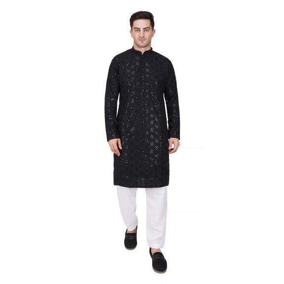 TRILOKI Mens Embroidered Sequined Kurta Pajama Set Rayon Ethnic Indian Traditional Wear Wedding Designer Ethnic Diwali Puja Kurta Payjama Set