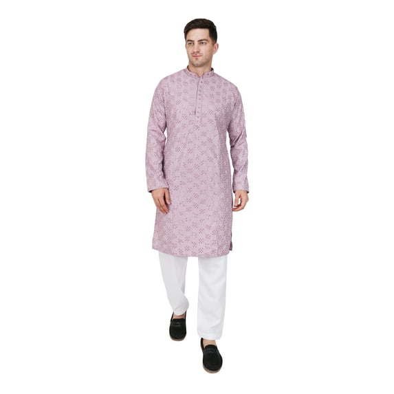 TRILOKI Mens Embroidered Sequined Kurta Pajama Set Rayon Ethnic Indian Traditional Wear Wedding Designer Ethnic Diwali Puja Kurta Payjama Set