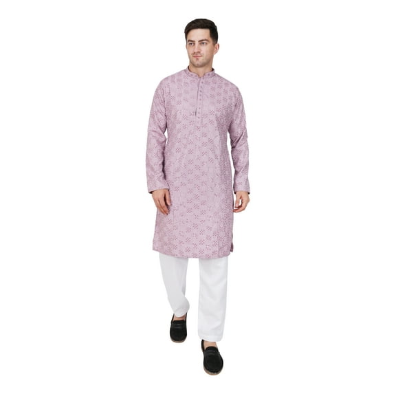 TRILOKI Mens Embroidered Sequined Kurta Pajama Set Rayon Ethnic Indian Traditional Wear Wedding Designer Ethnic Diwali Puja Kurta Payjama Set