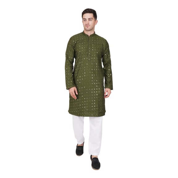 TRILOKI Mens Embroidered Sequined Kurta Pajama Set Rayon Ethnic Indian Traditional Wear Wedding Designer Ethnic Diwali Puja Kurta Payjama Set
