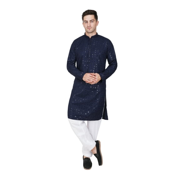 TRILOKI Mens Embroidered Sequined Kurta Pajama Set Rayon Ethnic Indian Traditional Wear Wedding Designer Ethnic Diwali Puja Kurta Payjama Set