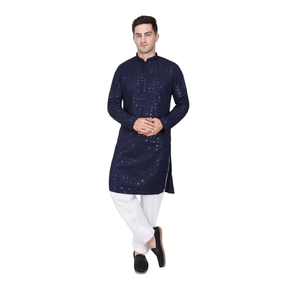 TRILOKI Mens Embroidered Sequined Kurta Pajama Set Rayon Ethnic Indian Traditional Wear Wedding Designer Ethnic Diwali Puja Kurta Payjama Set
