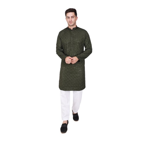 TRILOKI Mens Embroidered Sequined Kurta Pajama Set Rayon Ethnic Indian Traditional Wear Wedding Designer Ethnic Diwali Puja Kurta Payjama Set
