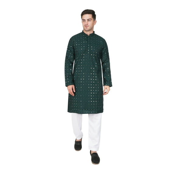 TRILOKI Mens Embroidered Sequined Kurta Pajama Set Rayon Ethnic Indian Traditional Wear Wedding Designer Ethnic Diwali Puja Kurta Payjama Set