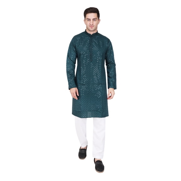 TRILOKI Mens Embroidered Sequined Kurta Pajama Set Rayon Ethnic Indian Traditional Wear Wedding Designer Ethnic Diwali Puja Kurta Payjama Set