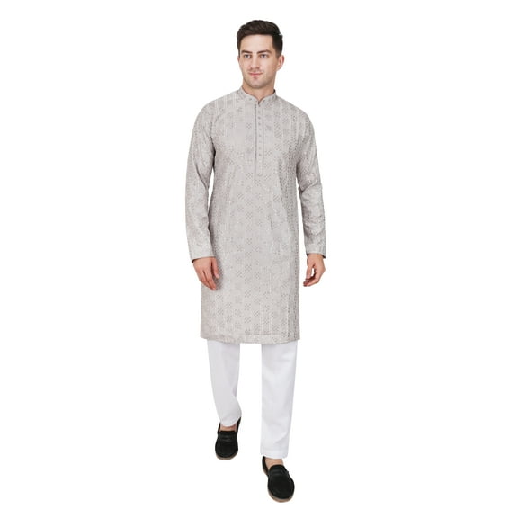 TRILOKI Mens Embroidered Sequined Kurta Pajama Set Rayon Ethnic Indian Traditional Wear Wedding Designer Ethnic Diwali Puja Kurta Payjama Set