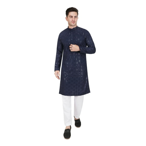 TRILOKI Mens Embroidered Sequined Kurta Pajama Set Rayon Ethnic Indian Traditional Wear Wedding Designer Ethnic Diwali Puja Kurta Payjama Set