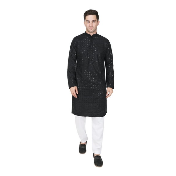TRILOKI Mens Embroidered Sequined Kurta Pajama Set Rayon Ethnic Indian Traditional Wear