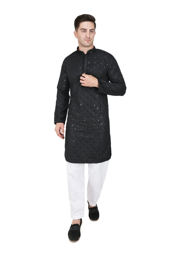 Mens Embroidered Sequined Kurta Pajama Set Rayon Ethnic Indian Traditional Wear