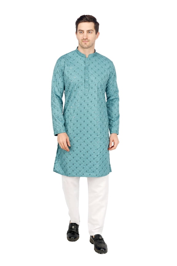 Mens Turquoise Embroidered Sequined Kurta Pajama Set Rayon Ethnic Indian Traditional Wear