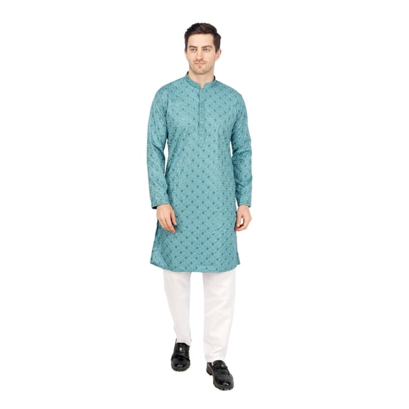 TRILOKI Mens Turquoise Embroidered Sequined Kurta Pajama Set Rayon Ethnic Indian Traditional Wear