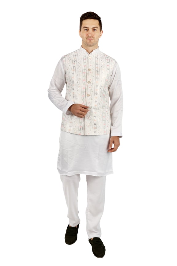 Paisley Solid Kurta Pajama with Waiscoat Premium 3-in-1 Set Ethnic Indian Traditional Wear Ethnic Diwali Puja
