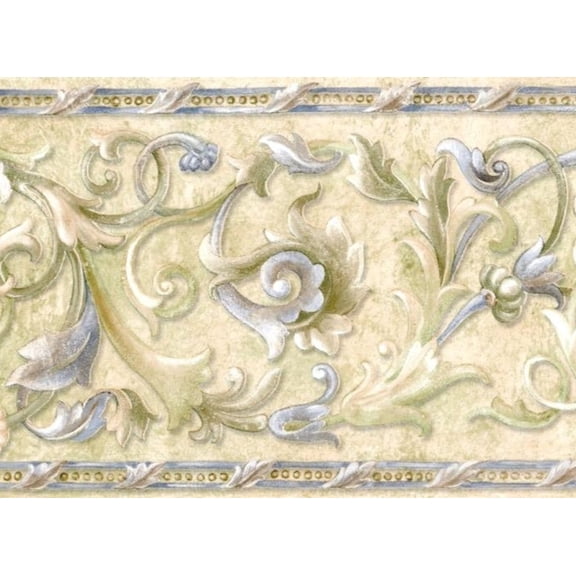 TRIMZ, Acanthus floral scroll, Wallpaper Border, Pre-pasted, 15 ft L x 6.75 in W, Green, Blue