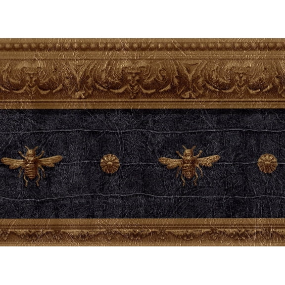 TRIMZ, Bee Laurel Emblems, Wallpaper Border, Pre-pasted, 15 ft L x 6.9 in W, Blue, Gold