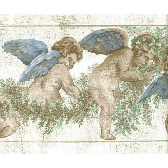 TRIMZ Cherub Angels Wallpaper Border - Blue Wings, Green Garland, 15' L x 6.875" W