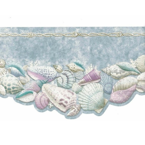 Trimz Pastel Seashell Wallpaper Border, Scalloped Design on Blue Background, Beach-Themed Bathroom or Kitchen Wall Decor, Removable , 15 ft x 7 in