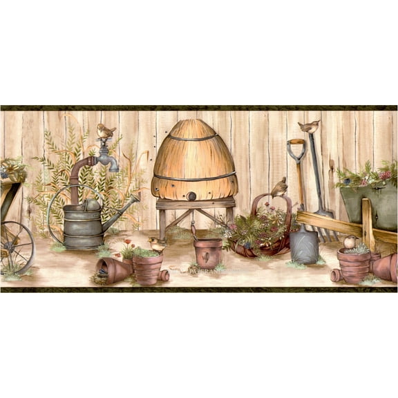 TRIMZ Country Honey Pot Gardening Wallpaper Border - Rustic Garden, Farmhouse - Brown, Yellow, Green 15' L x 8" W