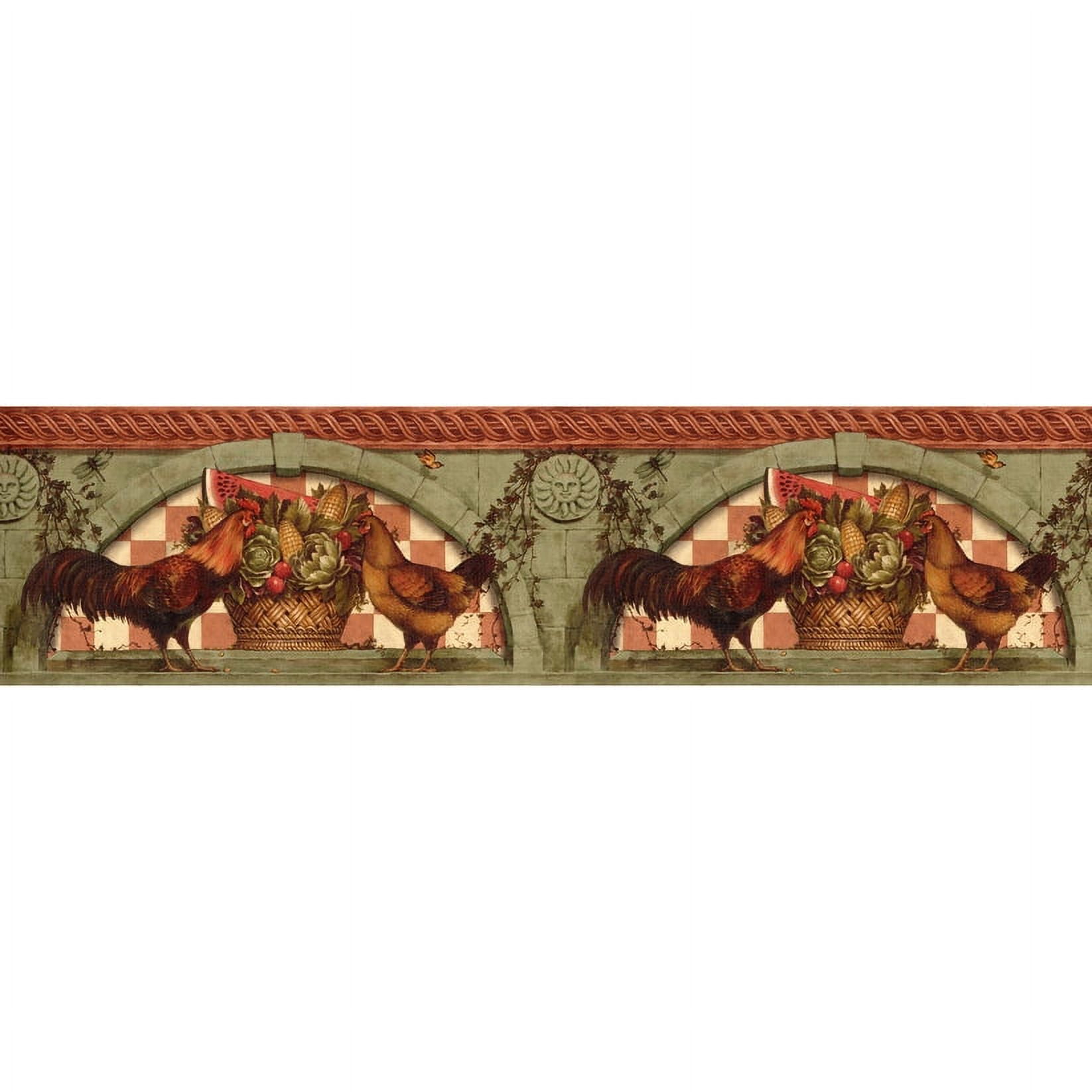Farmhouse Green and Red Rooster Wallpaper Border