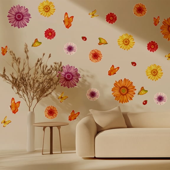 TRIMZ, Daisy Flowers with Butterflies Ladybugs, Wall Decal Set, Peel & Stick, Yellow, Pink, Orange, Red