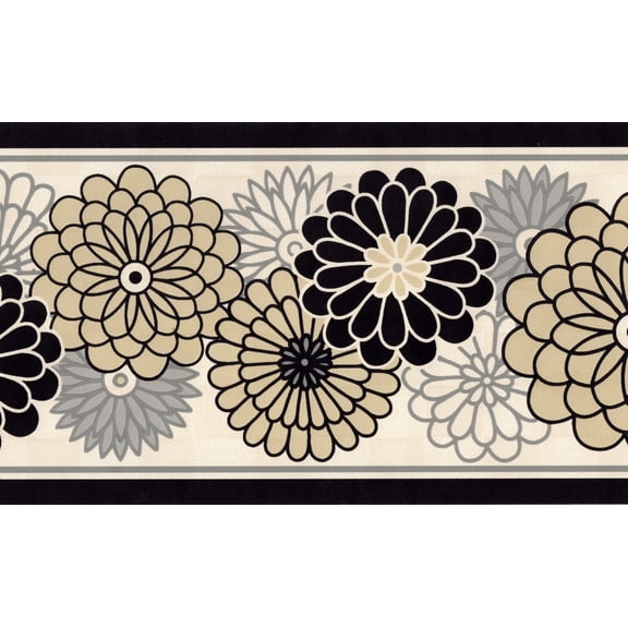 TRIMZ, Floral Geometric, Wallpaper Border, Unpasted, 15 ft L x 6.75 in W, Black, Beige, Gray