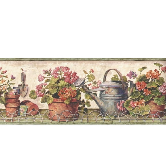 TRIMZ In the Garden Farmhouse Wallpaper Border - Floral Wall Dcor - Green, Terra Cotta, Grey, Beige 15' L x 7" W
