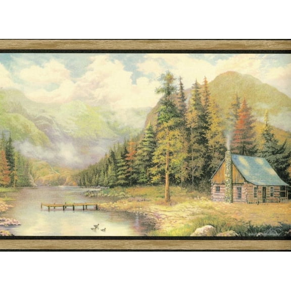 TRIMZ, Lodge Cabin, Wallpaper Border, Pre-pasted, 15 ft L x 9 in W, Green, Brown, Blue