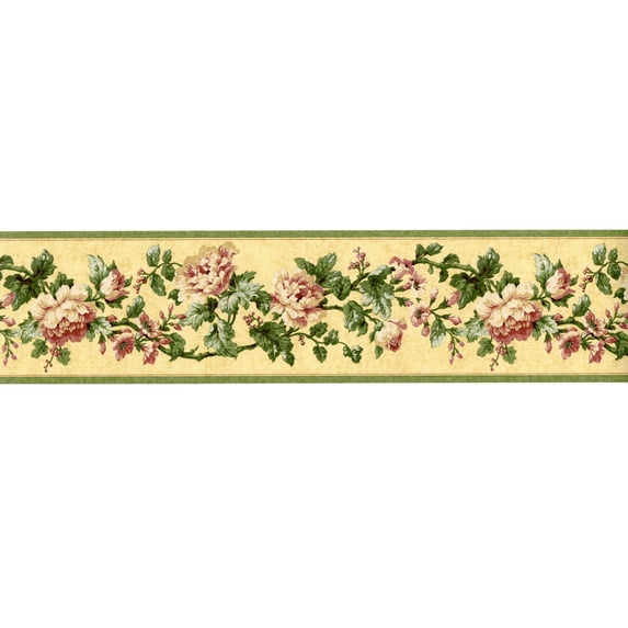 TRIMZ Peonies Floral Wallpaper Border - Yellow, Green - Floral Wall Decor - 15' L x 4.2" W