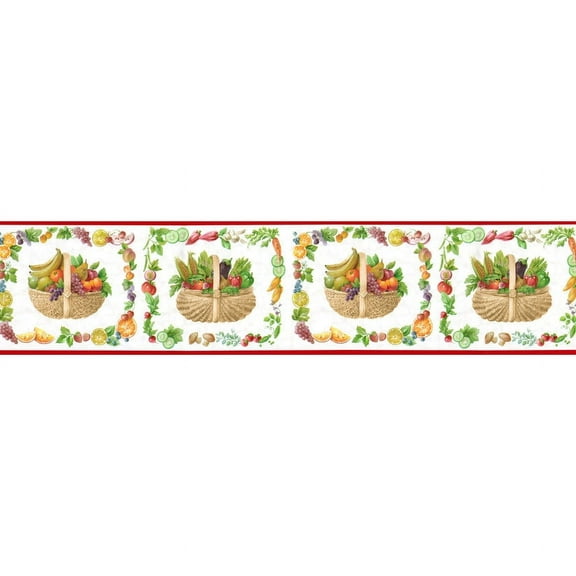 TRIMZ Produce Baskets Wallpaper Border - Farmhouse Wall Décor - White, Red, Green 15' L x 10.25" W