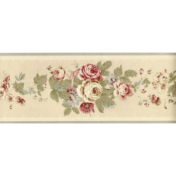 TRIMZ Roses Wallpaper Border - French Country Style - Beige, Red, Green 15' L x 7" W - Kitchen Wall Border