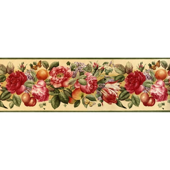 TRIMZ Roses and Butterflies Border - Pre-pasted, Ready To Apply - Green, Yellow, Red 15' L x 9" W